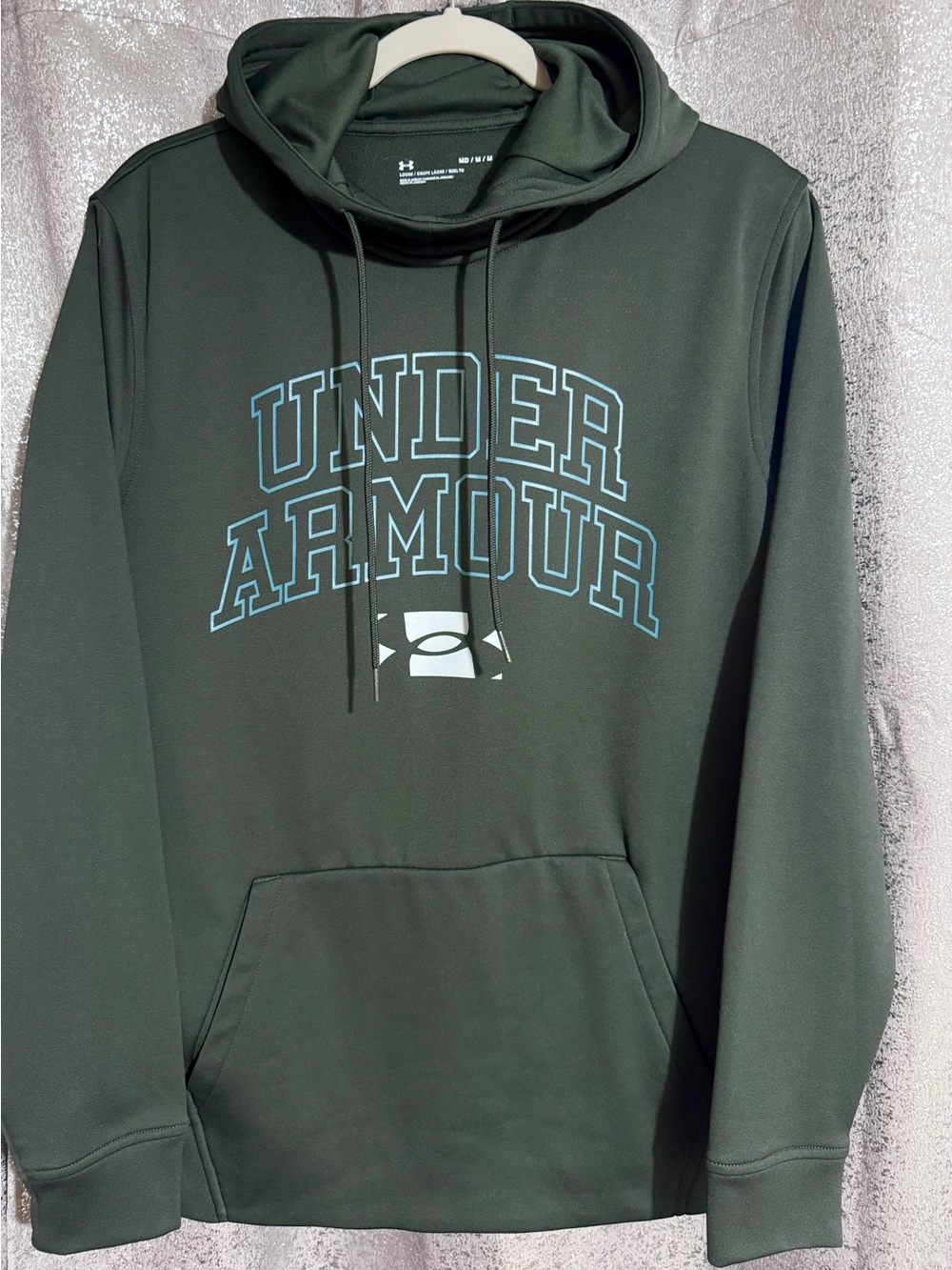 Under Armour Dark Green/Gray Sweatshirt Hoodie, Light Blue Lettering, white logo